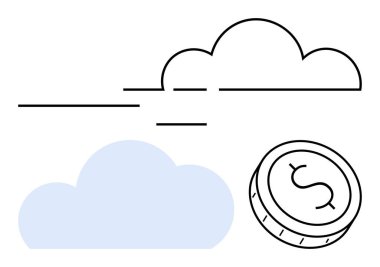 İki bulutun yanında dolar işareti olan bozuk para, biri çizilmiş ve biri dolu. Bulut hesaplama, finans teknolojisi, çevrimiçi işlemler, veri depolama, dijital ekonomi, bulut hizmetleri, fintech