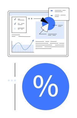 Grafikler, pasta grafikleri ve anahtar bilgileri gösteren metin kutularıyla veri analizi paneli. Gösterge panelinin altında büyük bir yüzde işareti var. İş analizleri, sunumlar, mali raporlar için ideal