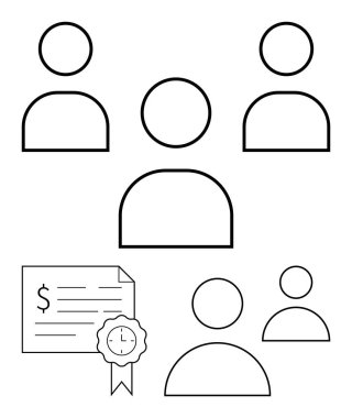 Kurdele ve saat simgesi olan bir sertifikanın üstündeki bir grup insan simgesi. Takım çalışması, iş başvuruları, başarı, ödüller, teslim tarihleri, işbirliği, eğitim profesyonel büyüme için idealdir. Soyut çizgi
