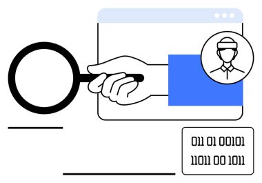 Kullanıcı profili resmi, tarayıcı penceresi ve ikili sayılar üzerinde el ele tutuşan büyüteç. Veri analizi, siber güvenlik, kullanıcı araştırması, gizlilik kavramları, dijital doğrulama, kimlik doğrulama için ideal