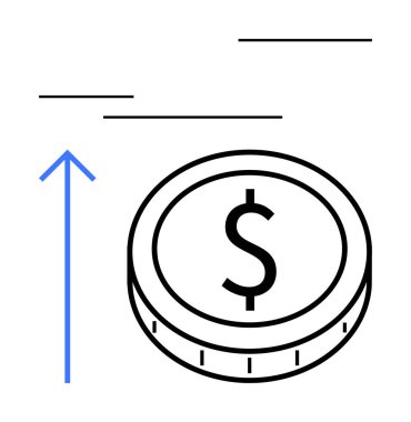 Üzerinde dolar işareti olan tek bir bozuk para yukarı doğru mavi bir ok ve yatay çizgiler ilerlemeyi gösteriyor. Finans, büyüme, yatırım, kâr, tasarruf, ekonomi, soyut düz çizgi metaforu için ideal