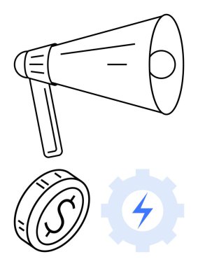 Ses dalgalı megafon dolar sembollü sikke ve yıldırımlı teçhizat. Pazarlama, iletişim, finans, yenilik, strateji, teknoloji sektörü soyut metaforu için ideal