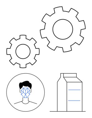 İnsan profili üzerinde yüz taraması, otomasyonu sembolize eden iki çark ve ürün ambalajı. Yapay zeka, teknoloji, otomasyon, biyometri, yüz tanıma, ürün takibi için ideal.