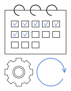 Kontrol işaretli takvim, ayarlar için dişli, yenilenmek için dairesel ok. Zamanlama, zaman yönetimi, görev planlaması, otomasyon, üretkenlik, iş akışı soyut metaforu için ideal