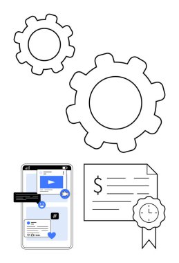 Çarklar mekaniği ve verimliliği sembolize ediyor, yanında sosyal medya bağlantısını gösteren bir akıllı telefon ekranı ve kurdeleli bir sertifika var. Üretkenlik, başarı ve teknoloji için ideal