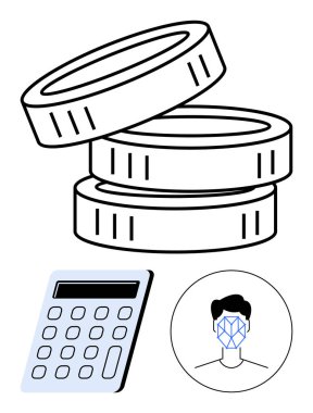 Birikmiş madeni paralar, hesap makinesi ve yüz tanıma ikonu finans, vergiler, dijital ödemeler, bütçeleme, biyometrik güvenlik, fintech ve teknolojik gelişmeleri sembolize ediyor. Fintech soyut için ideal