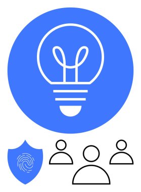 Yenilik için mavi daireli ampul, güvenlik için parmak izli kalkan, takım çalışması için üç kişi simge. Yaratıcılık, koruma, işbirliği, kimlik, beyin fırtınası, liderlik için ideal