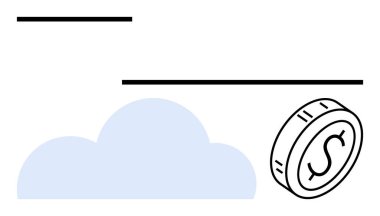 Mavi bulut, dolar işareti olan siyah para ve minimalist çizgiler finansal teknoloji, tasarruf ve büyümeyi temsil ediyor. Bulut hesaplama, finans, yatırım, fintech yenilik ekonomisi için ideal