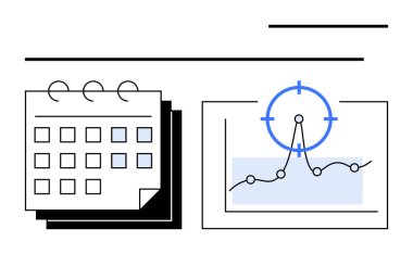 İşaretli tarihli takvim ve hedef simgenin yer aldığı bir veri grafiği. Zamanlama, zaman çizelgeleri, proje yönetimi, görev organizasyonu, stratejik planlama, verimlilik optimizasyonu veya