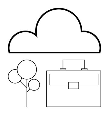Bulut simgesi, evrak çantası ve soyut çizgi şeklinde ağaç. İş-yaşam dengesi, doğa bütünleşmesi, sürdürülebilirlik, çevre, bulut depolama, minimalizm soyut çizgi düz metaforu için ideal