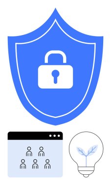Merkezi asma kilitli mavi bir kalkan, aşağıda grup tarayıcı penceresi ve içinde bitki filizi olan bir ampul. Siber güvenlik, takım çalışması, yenilik, güven, güvenlik, veri koruma soyut hattı için ideal