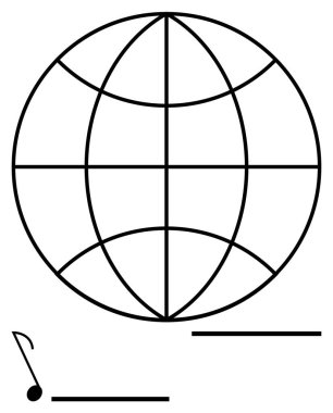 Küresel işbirliğini vurgulayan boylam ve enlem çizgilerine, notaya ve yatay çizgilere sahip dünya. Müzik erişimi, bağlantı, iletişim, kültürel değişim, yaratıcılık için ideal