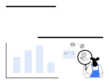 Mavi önlüklü kadın, bar tablosunu, para birimi sembollerini ve finansal analizi sembolize eden kredi kartını incelemek için büyüteç kullanıyor. Finans, yatırım, ekonomi, bütçe ve iş verileri için ideal
