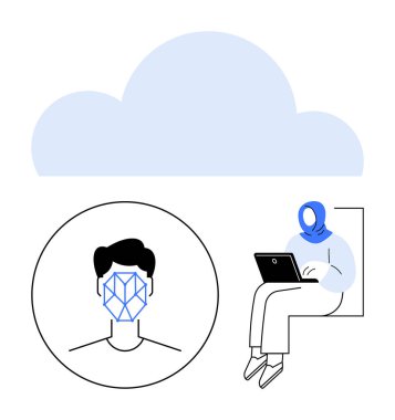 Yüz tanıma sistemi dizüstü bilgisayar kullanan birinin yanındaki bulut deposuna bağlı. Yapay zeka, güvenlik, makine öğrenimi, bulut hesaplama, uzaktan çalışma, teknoloji, soyut düz çizgi için ideal