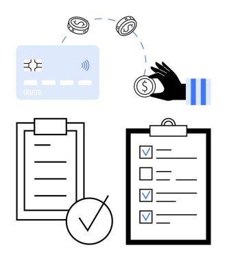 Kredi kartı, elle hareket eden madeni paralar, kontrol işaretli görev listelerini gösteren iki pano ve çemberde bir işaret. Finans, bütçe, görev örgütü, planlama, verimlilik ödemesi için ideal
