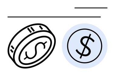 Dolar işaretli ve büyük dolar sembollü sikke, yanında ince yatay çizgiler var. Finans hizmetleri, bankacılık, bütçe, yatırım, muhasebe, ödeme sistemleri ve para birimi için ideal