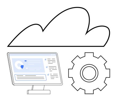 Monitörün üstündeki bulut çizgisi analitik ve vites sembolünü gösteriyor. Bulut hesaplama, bilişim hizmetleri, veri yönetimi, dijital dönüşüm, otomasyon, çevrimiçi analitikler, soyut düz çizgi