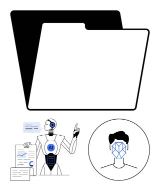 Dizini aç, insansı yapay zeka çizelgeleri işaretleyici ile analiz et, yüz tanıma simgesi. Veri yönetimi, yapay zeka, makine öğrenimi, kimlik doğrulama, otomasyon, soyut çizgi analizi için ideal