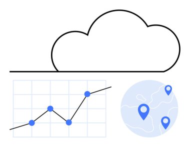 Üzerinde yükselen çizgilerin olduğu bulut çizgisi, iğnelenmiş konumları olan bir küre ile yan yana. Teknoloji, analitik, küresel iş, veri bilimi, bulut hesaplama, yenilik, soyut çizgi düz