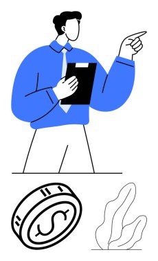 Önünü gösteren bir panosu olan bir adam, bir dolar para, iki soyut yaprak. Finans, iş planlaması, sunumlar, ekonomik büyüme, kurumsal strateji yatırımları girişimcilik için idealdir. Çizgi