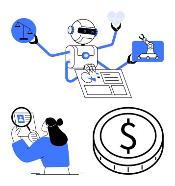 Ölçekli, kalp, dişli ve belgelenmiş robot çoklu görevleri insan para profil incelemeleri ekonomiyi sembolize ediyor. Yapay zeka, teknoloji, otomasyon, etik, sağlık, iş soyut çizgisi düz metafor için ideal