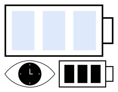 Battery icons at different charge levels, clock within an eye graphic. Ideal for productivity, time management, energy conservation, awareness, monitoring, focus, and workflow success abstract line clipart