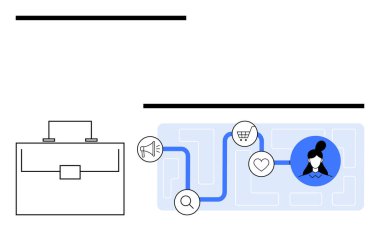 Briefcase, user avatar, icons for marketing, shopping cart, heart, and search connected by blue path. Ideal for marketing, e-commerce, customer journey business data analysis planning abstract clipart