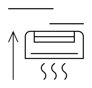Hava akımı yönünü ve üç soğutma dalgası hattını gösteren oklu klima ünitesi. Klima kontrol rehberi, havalandırma kılavuzu, enerji tasarrufu ipuçları, hava durumu uygulamaları, ev aletleri reklamları için ideal.