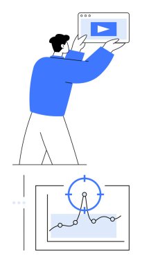 Tableti elinde tutan kişi, düğme ekranı ile oynat, veri grafiği aşağıdaki hedefe odaklı. Dijital pazarlama, içerik oluşturma, strateji planlaması, sunumlar, analitikler, optimizasyon, soyut
