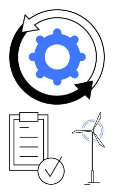 Bir döngü için okları olan vites, kenesi olan kontrol listesi yenilenebilir enerji kaynağı olarak rüzgar türbini. Yenilik için ideal, verimlilik, sürdürülebilirlik, yeşil enerji, yönetim, yenilenebilir kaynaklar soyut