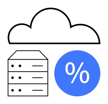 Büyük bulut şekli, sunucu yığını ve beyaz yüzde sembollü mavi daire, bulut hesaplama, veri depolama, analitiği temsil ediyor. Web sunucu, bilişim altyapısı ve bulut hizmetleri verileri için ideal