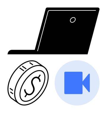 Laptop silueti, dolar bozuk para ve mavi bir video kamera ikonu. Temalar için ideal, çevrimiçi ödemeler, uzaktan çalışma, sanal iletişim, fintech, e-ticaret, dijital bankacılık soyut hattı