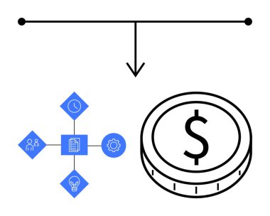 Takım çalışması, zaman, belge ve çark için bir dolar işaretine giden simgeleri birleştirme işlemi diyagramı. Finans, iş stratejisi, işlemler, verimlilik, otomasyon kaynakları tahsisi için ideal