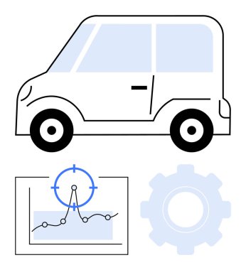 Profilinde veri analizi, hedef odaklanma ve vites sembolü olan elektrikli bir araba var. Teknoloji, yenilik, otomobil endüstrisi, sürdürülebilirlik, verimlilik, hareketlilik için ideal düz çizgi