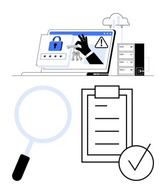 Bilgisayarda elle hedef alma anahtarları, uyarı ekranları, büyüteç, keneli kontrol listesi, sunucu yığınları, bulut güvenliği. Çevrimiçi güvenlik, veri koruması, tehdit tespit güvenliği için ideal