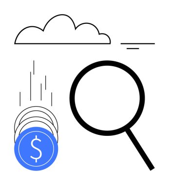 Büyüteç, bulutların ve güneş ışınlarının altındaki bozuk paraları inceliyor. Finans, tasarruf, yatırım, ekonomi, analiz, çevrimiçi bankacılık ve piyasa araştırmaları için ideal. Satır metaforu