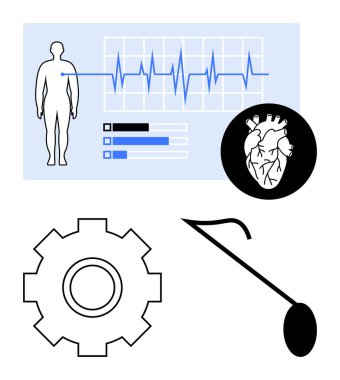 ECG grafiğinin yanında insan anatomisi ana hatları, kalp görüntüsü, sistem ayarları için ekipman ve dişçi aynası. Sağlık, tanı, kardiyoloji, teknoloji, sağlık araçları için ideal soyut hat