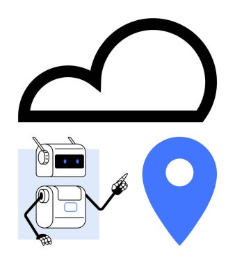 İşaret kollu bulut sembolü robot, mavi lokasyon iğnesi. Teknoloji, bulut hesaplama, yapay zeka, otomasyon, GPS, bağlantı, dijital altyapı için ideal. Satır metaforu