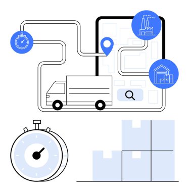 Yol haritasında konum şifresi, kronometre, depo ve kutular bulunan kamyonlar tedarik zinciri süreçlerini gösteriyor. Lojistik, dağıtım, ulaşım, e-ticaret, nakliye deposu yönetimi için ideal