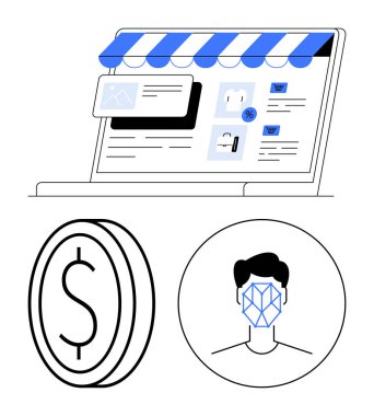 Mağaza önü tentesinin altında çevrimiçi arayüzü olan dizüstü bilgisayar ödeme konsepti için büyük para, güvenlik için yüz biyometrisi sembolü. E-ticaret, çevrimiçi ödeme, kimlik, yapay zeka, veri gizliliği için ideal