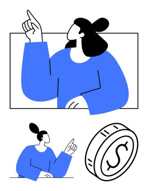 Bir madeni para ikonu ile yukarı doğru hareket eden kadın, fikirleri, tutkuları ve finans kavramlarını sembolize ediyor. Ekonomik konular, yatırım, yaratıcılık, planlama, ilerleme eğitimi soyut çizgisi için ideal