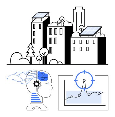Güneş panelleri olan kentsel binalar, yapay zeka ve dişlileri gösteren ana hatlar ve veri analizini gösteren tablolar. Sürdürülebilirlik, yapay zeka, yenilenebilir enerji, yenilik, akıllı şehirler ve teknoloji için ideal