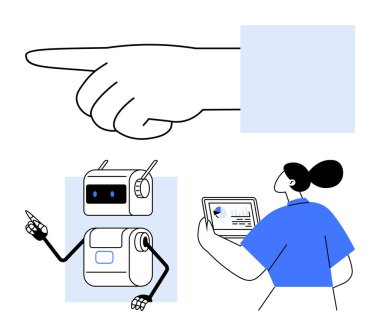 Antenli robotlar, dizüstü bilgisayar kullanan insanlar. Teknoloji, yapay zeka, işbirliği, rehberlik, takım çalışması, yenilik ve iletişim için ideal. Satır metaforu