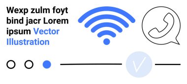 Kablosuz sembol, konuşma balonunda telefon çağrısı simgesi, hatta kontrol işareti, ve dairesel ilerleme göstergeleri. Mobil uygulamalar, bağlantı arayüzleri, iletişim araçları, modern teknoloji tasarımı, kullanıcı için ideal