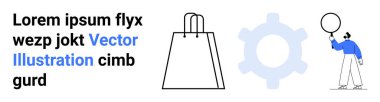 Alışveriş çantası, teçhizat ve içinde Vektör Illustration olan bir metin bloğunun altında balon tutan kişi. E-ticaret, pazarlama, sunumlar, bilgi grafikleri, web tasarımı, reklam teknolojisi için ideal
