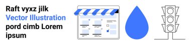Tenteli dijital vitrin, mavi su damlası, trafik ışığı çizgisi. Web tasarımı, e-ticaret, sürdürülebilirlik, navigasyon, iş ortamı kentsel planlaması için ideal. İniş sayfası