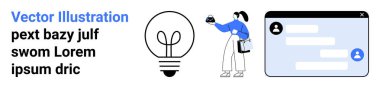 Ampulün yanında nesneyi tutan kişi fikir oluşumunu sembolize ediyor ve bir diyalog penceresi. Yenilik için ideal, takım işbirliği, yaratıcılık, mesajlaşma uygulamaları, üretkenlik, beyin fırtınası düz iniş