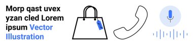 Etiketli alışveriş çantası, kavisli telefon alıcısı, ses dalgalı mikrofon ikonu. Perakende, iletişim, alışveriş uygulamaları, sesli arama, teknoloji araçları, müşteri hizmetleri düz iniş sayfası afişi için ideal