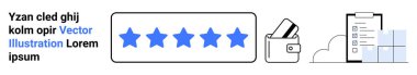 Dikdörtgen bir çerçevede beş mavi yıldız, kartlı cüzdan, panoda kontrol listesi, bulutlu çubuk grafiği. Müşteri geribildirim, referanslar, değerlendirmeler, finans, organizasyon veri analizi için ideal