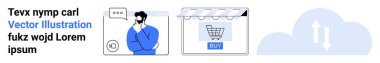 Sohbet baloncuğuyla düşünen adam, alışveriş arabasıyla online mağaza önü ve bulut senkronizasyonu. E-ticaret, teknoloji, karar verme, pazarlama, yenilik, ağ düz iniş sayfası için ideal